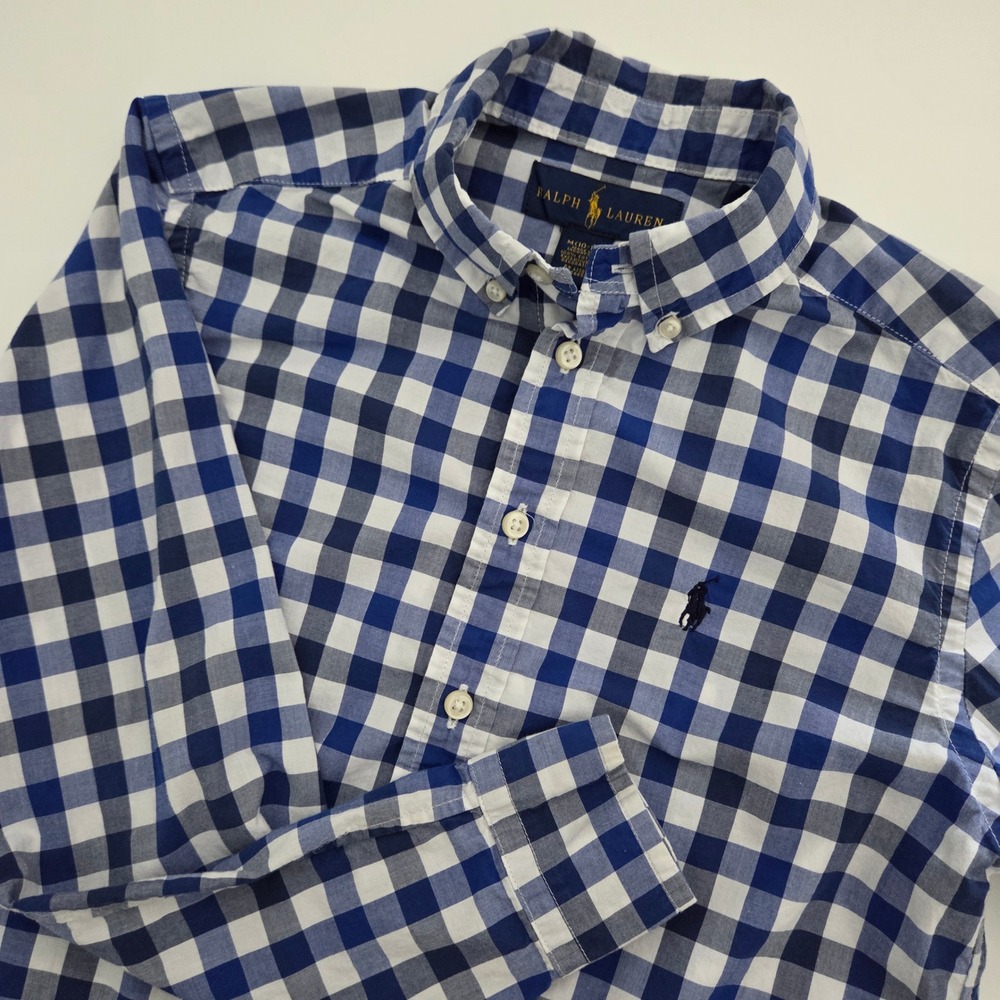Ralph Lauren Button Down Blue‎ Gingham Plaid Cotton Kids Boys Size M 10-12